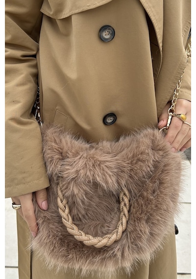 Mollycrush Kadın Camel Kürk Detaylı Zincirli Ve Örgü Saplı El Ve Omuz Çantası Yumuşak Peluş Kışlık Şık Baget Camel