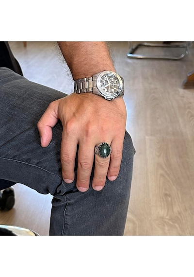 Gerçek Doğal Taş Yüzük - El Yapımı Kartal Yüzüğü - 925 Ayar Gümüş Moss Agate Yüzük Gümüş