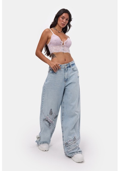 Kadın Ice 12s6-3 Süper Baggy Özel Nakışlı Tasarım Denim Jean Buz Mavi