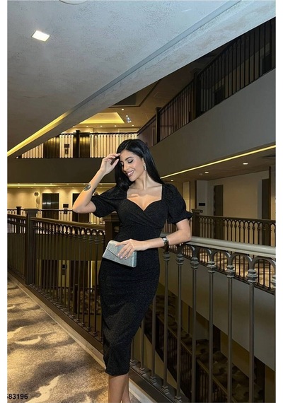Khi-zai Kadın El Emeği Kalp Yaka Midi Balon Kollu Abiye Elbise Siyah