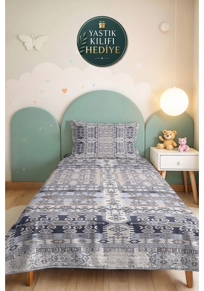 Geometrik Bohem Mavi Tek Kişilik Pike Takımı - Etnik Modern Gri 160x220 Cm Kapitone Yatak Örtüsü Lavantaımsı Kum Aralığı