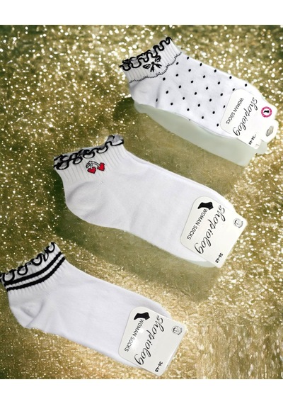 Shopiolog Sevimli Marul Desenli Bilek Çorabı 3'lü Paket Siyah-beyaz Beyaz - Siyah