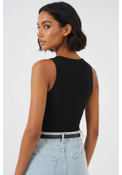 Hiccup Bdart, Çıtçıtlı, Kolsuz, Yuvarlak Yakalı Bodysuit Siyah