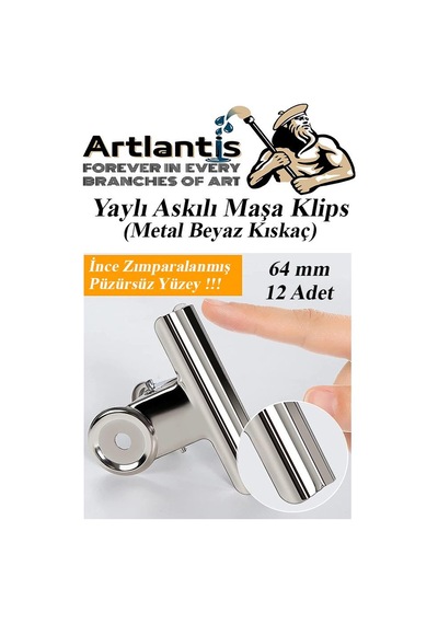 Artlantis Yaylı Askılı Maşa Klips 64 MM 12 Adet Metal Beyaz Kıskaç
