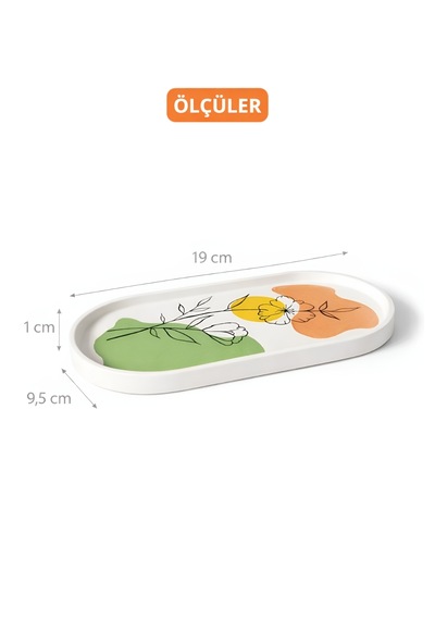 Dekoratif Art Line Stil Oval Tabak - El Yapımı Çiçek Desenli Modern Ev Dekoru 19 X 8 Cm