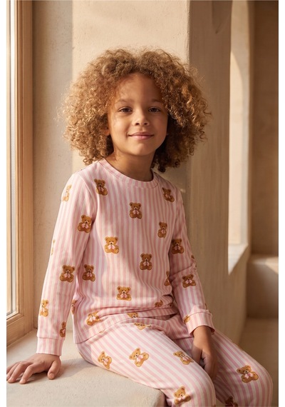 Katia&bony Kız Çocuk Teddy Desenli Pijama Takımı Pembe Desenli