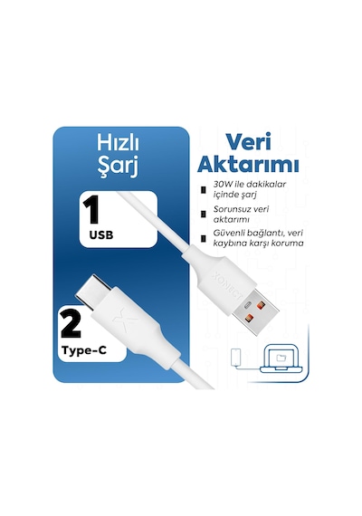 Usb To Type-c İle Uyumlu İphone Ve Samsung İle Uyumlu Hızlı Şarj Ve Data Kablosu 40 Cm Beyaz Standart