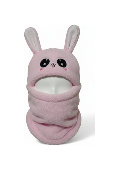 Eleven Markets Kız Çocuk Kulaklı Bere Boyunluk Takım Sevimli Tavşan Desenli Polar Kışlık Şapka & Atkı, 3-9 Yaş Pembe
