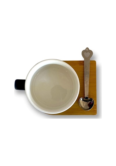 Manyetik Kaşıklı Bambu Zeminli Aşkın Matematiği Kupa Fincan Seti 250 Ml Sevgililer İçin Hediye Siyah