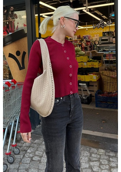 Madmext Bordo Çıt Kapamalı Triko Kadın Hırka Mg2579 Bordo