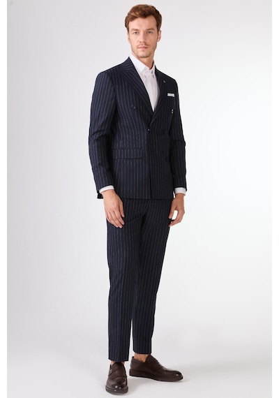 Dufy Lacivert Çizgili Kruvaze Slim Fit Takım Elbise Lacivert Dufy Lacivert Çizgili Kruvaze Slim Fit Takım Elbise Lacivert