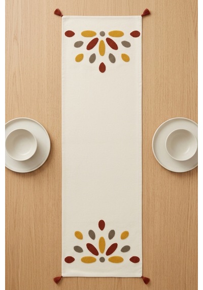 Güneş Damlası Renkli Punch Nakışlı Püsküllü Pamuk Runner Masa Örtüsü 40x130 Cm Kiremit