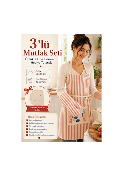 3lü Mutfak Seti Önlük + Fırıneldiveni+ Tutamaç Kırmızı
