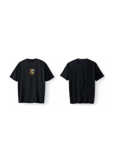 Bumeta Rubik Zeka Küpü Renkli Kombinasyon Akışkan Baskılı Oversize Unisex Tişört T-shirt Siyah