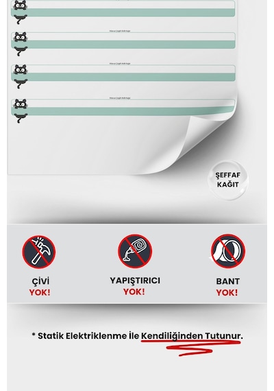 Kedili Kılavuz Çizgili Yazı Tahtası, Yeni Müfredata Uygun, İz Bırakmayan Sihirli Akıllı Kağıt Tahta Şeffaf - Yeşil