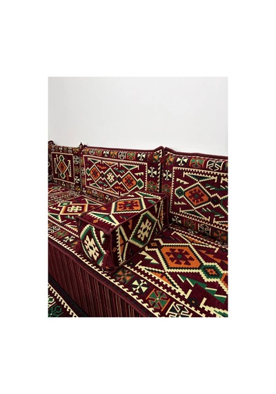 40 Cm Kalın Süngerli Bordo Anadolu Şark Köşesi - Kilim Desenli L Yer Minderi Seti