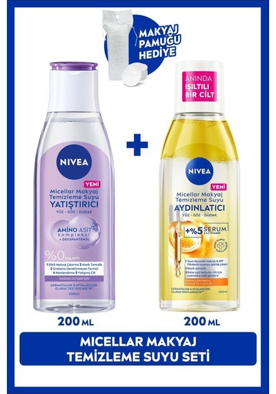 Aydınlatıcı Ve Yatıştırıcı Micellar Makyaj Temizleme Suyu Seti 200ml+200ml Pamuk Hediye,hassas Cilt