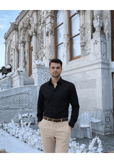 Beystil Slim Fit Siyah Saten Gömlek Siyah