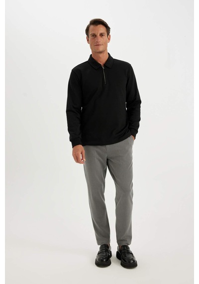 Defacto Regular Fit Polo Yaka Yarım Fermuarlı Basic Düz Sweatshirt D2279ax24aubk81 Siyah