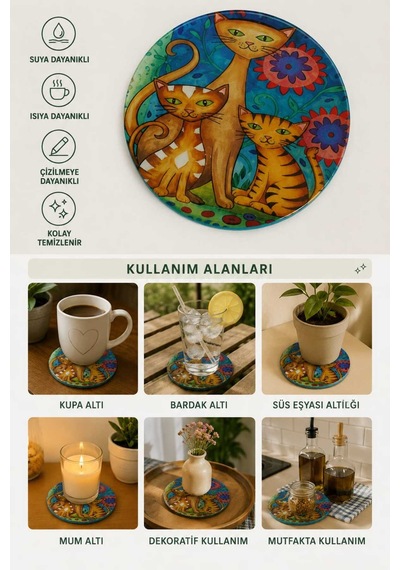 2'li Bardak Altlığı 9cm - Desen 2 Çok  Renkli