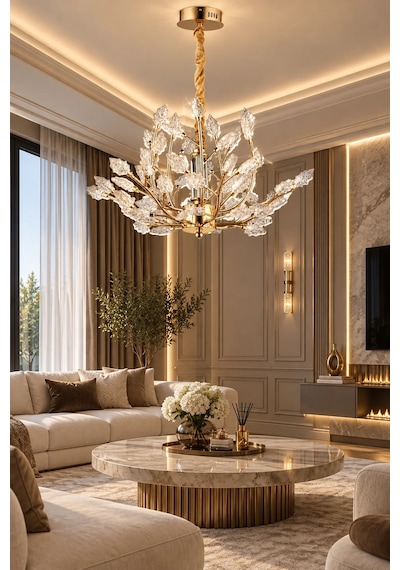 Modern Premium Sarmaşık Yaprak Detaylı Gold Led Avize Salon Yemek Odası Sarkıt Avize 28w