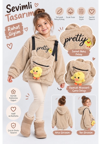 Ahengim Kız Çocuk Peluş Kapüşonlu Sweatshirt Pretty Nakışlı Oyuncak Aksesuarlı Çantalı Kışlık Üst Ak4130 KREM