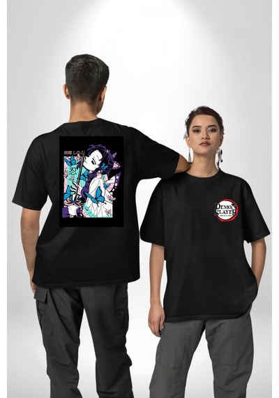 Shinobu Kocho Demon Slayer Siyah Oversize Unisex Ön Ve Sırt Baskılı Tişört Siyah
