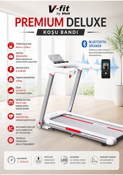 Vfit By Premium Delux Koşu Bandı, 20 Kademe Eğim, Brushless, Katlanabilir, 15 Km/s, Bluetooth-beyaz