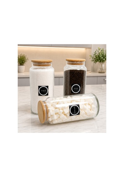 3'lü Ahşap Vakum Kapaklı Cam Çay Şeker Tuz Saklama Kavanozu 1400 Ml Etiket Hediyeli Çok Renkli