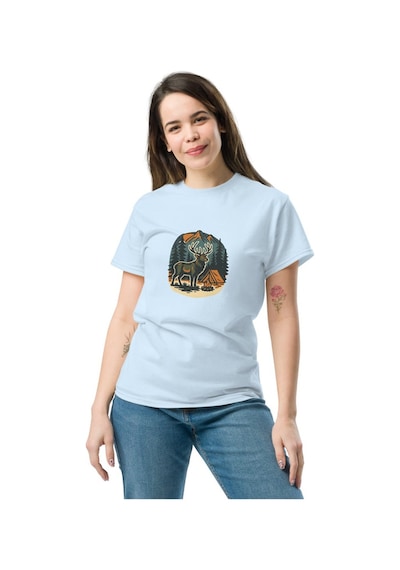 Wildstyle Geyik Renkli Vintage Yaban Hayat Doğa Orman Dağ Baskılı Unisex Bisiklet Yaka Pamuklu Tişört Bebek Mavisi