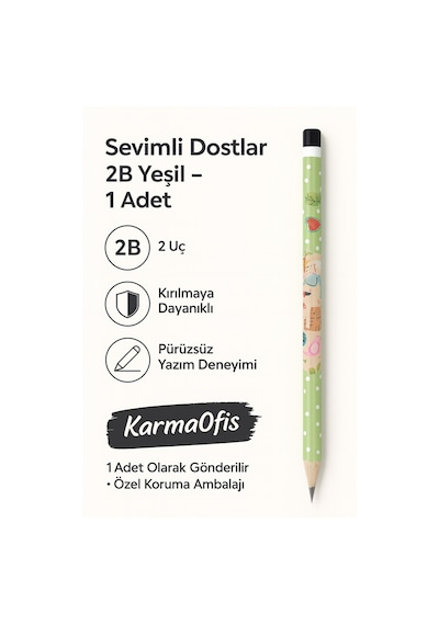 Sevimli Dostlar 2b Kurşun Kalem Çocuklar İçin Desenli Kalem 1 Adet Yeşil Yeşil