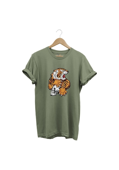 Vahşi Kaplan Tasarım Ve Kuru Kafa Baskılı %100 Pamuk Regular Fit Bisiklet Yaka Haki T-shirt Haki