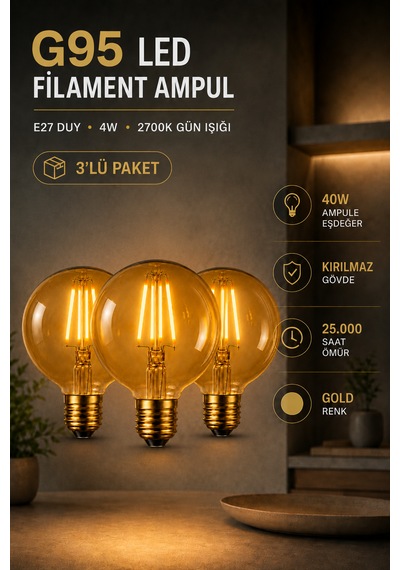 Rustik Led Kırılmaz Ampul G95 Glop E27 4w 2700k Sıcak Işık Gold Filament Dekoratif Dimmerli 3'lü