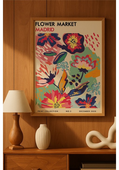 Flower Market Madrid Doğal Ahşap Çerçeveli Poster, Dekoratif Sanatsal Duvar Tablosu
