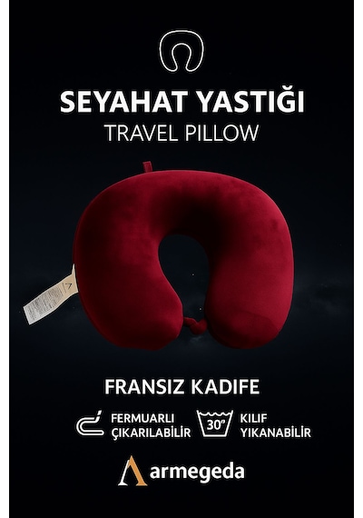Armegeda Fransız Kadife Seyahat Yastıgı Nar Kırmızısı Yastık Wine Red