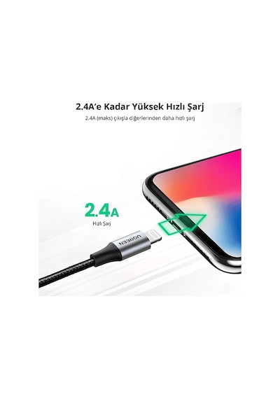 Ugreen Lightning To Usb-a Örgülü Mfi Sertifikalı Hızlı Şarj Kablosu 2 M Siyah