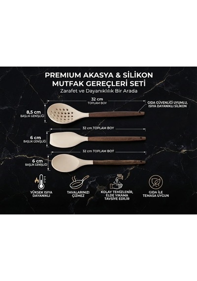 Akasya Saplı 3'lü Silikon Mutfak Gereçleri Seti Premium Gıda Sınıfı Silikon Kaşık, Spatula Ve Kevgir Isıya
