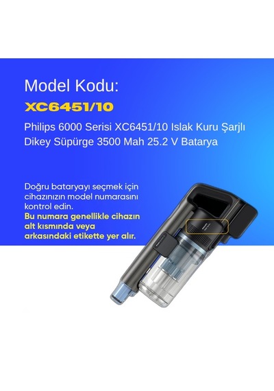 Philips 6000 Serisi Xc6451/10 Islak Kuru Şarjlı Dikey Süpürge 3500 Mah 25.2 V Batarya  Uyumlu Uzun Ömürlü, Maksimum Performans Pil