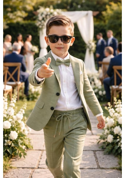 Baby Kids Colors Erkek Çocuk Flamlı Keten Salaş Ceketli Takım Elbise / Gömlek Pantolon Ceket Papyon Keten Takım Yeşil