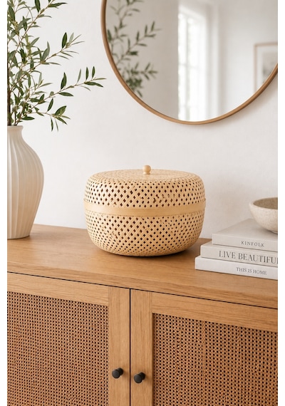 Bohem Dekoratif Kapaklı Bambu Kutu, Sepet, Iskandinav, Modern, Bohem, Rattan Bej