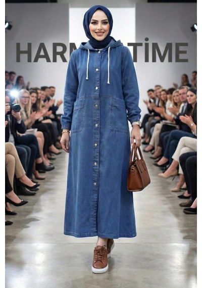 Hb Harma Time Butik Kadın Kapüşonlu Düğmeli Cepli Kot Mavi Kap