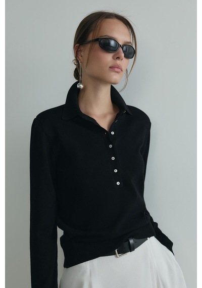 Suud Collection Siyah Carter Polo Yaka Triko Kazak