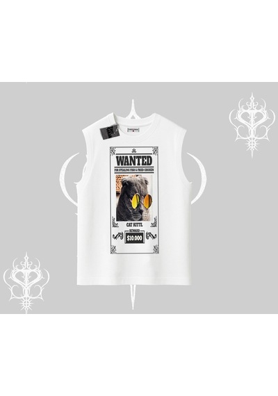 Startmore Startmore Wanted Temalı Kedi Baskılı Kolsuz Tshirt Beyaz
