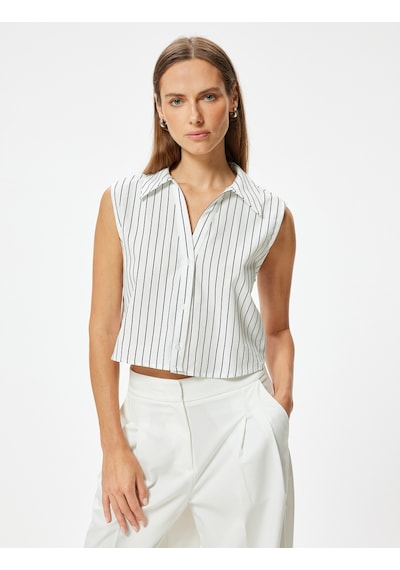 Koton Crop Kolsuz Gömlek Pamuklu Bol Kalıp Beyaz Çizgili 4sak60432pw Beyaz
