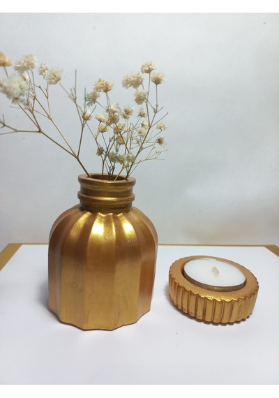 İnce Çizgili Vazo - Modern & Minimal Dekoratif Obje, Salon Ve Ofis Çiçeklik, Antiquity Gold Kahverengi
