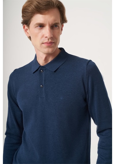 İmza İndigo Polo Yaka Uzun Kol Örme Comfort Fit Pamuklu Kazak 1012265150 Indigo Mavi