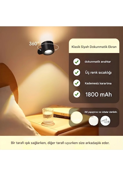 Kablosuz Kumandalı Şarjlı 360 Duvar Aydınlatma 3 Renk Işıklı Aplik Dekoratif Yatak Masa Aydınlatma Beyaz