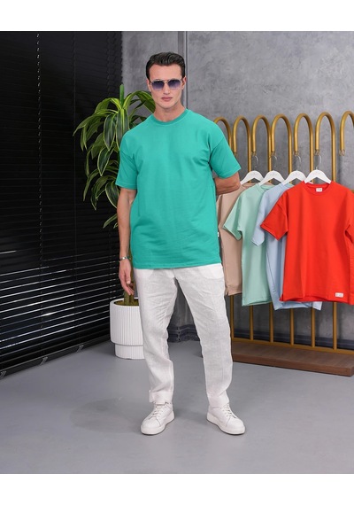 Modefendi Pamuk Likra Yırtmaç Detaylı 2 İplik Oversize Tshirt Yeşil