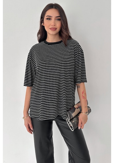 Noa & Noa Kadın Oversize Çizgili Tişört Monochrome Ease Siyah