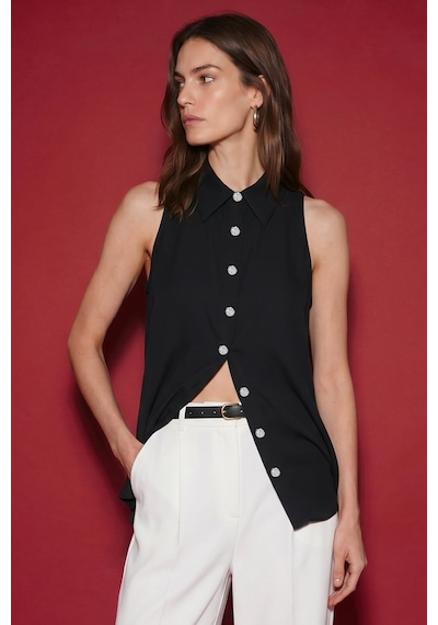 Sateen Halter Yaka Gömlek - Siyah-137481